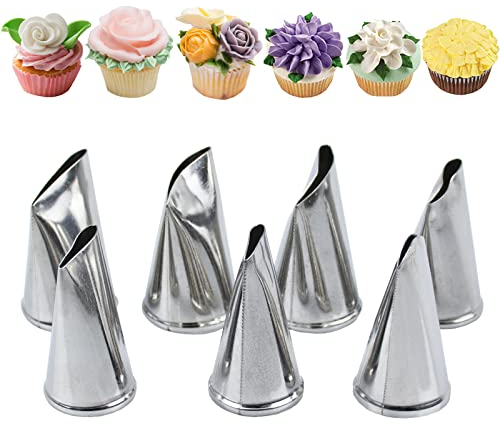 Tabiger Flower Piping Nozzles, 7pcs Petal Ruffle Piping Nozzles Set Rose Pastry Tips Icing Frosting Tips Baking Tools Stainless Steel Cake Decorating Kit for Cake Cupcakes DIY Icing Nozzle Tool