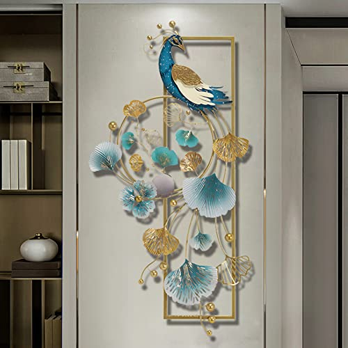 Mroinss 3D Pfau und Ginkgo Blätter Wanddeko aus Metall, Metall Wandbehang Wandschmuck Wanddekoration, Dekor Geschenk für Wohnzimmer Schlafzimmer Hintergrund Wandverzierungen,89x45cm