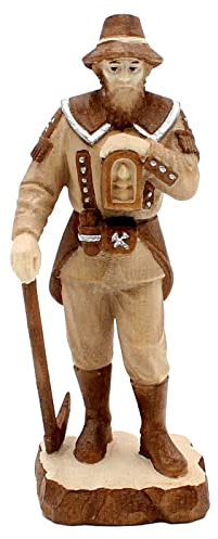 Dekohelden24 Handgeschnitzter Berghäuer/Bergmann mit Werkzeug und Lampe/Kerze, gebeizt, Höhe mit Sockel ca. 13 cm