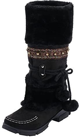NOAGENJT Stivale Di Gomma per Caldi tacchi alti da neve rotondi Retro Mantieni scarpe da palla di pelo medio Stivaletti Slip-On Stivali da donna con tubo 883 Stivali