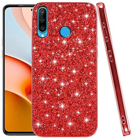 Wousunly für Huawei P30 Lite Hülle Glitzer Silikon TPU | Handyhülle für Huawei P30 Lite Dünn Stoßfeste Case Kratzfest Anti Rutsch (rot)