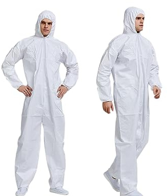 Fancystyle 6 Pack Hazmat Suits Disposable Coveralls Painters Suit Disposable Protective Coverall with Hood 4 Sizes M-XXL Options Zip Front Elastic Wrists & Ankles White
