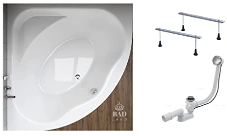 BADLAND Badewanne Original Weiß Acryl Wanne Eckbadewanne STANDARD 150x150 KOMPLETTSET SET + Füßen und Exklusive Chrom Automatik Ablaufgarnitur Made in EU 3in1