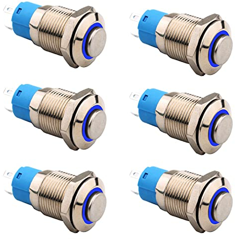 RUNCCI-YUN 6 Piezas 12mm Autobloqueo Pulsador de Metal DC 3A 12V-24V Acero Inoxidable Impermeable Interruptor de Botón Redondo para Coche Lámpara Timbre (Cabezal Alto) Anillo de Luz LED Azul