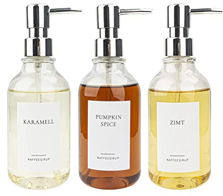 Ezebesta Kaffeesirup Spenderflasche 500ml PET-Pumpen Faschen mit Etiketten für Kaffee Bar Organisation (3 Stücke)