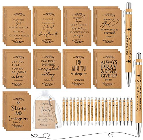 Jutom Set mit 30 christlichen Geschenk-Bibelvers, einziehbare Bambusstifte und Kraft-Notizbücher, religiöse, inspirierende Notizbücher mit weißem Organza-Geschenkbeutel für Männer und Frauen, Büro,