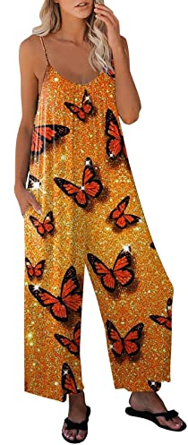 Bluelucon Overall Damen Festlich Lässige Locker Trägerhose Overalls Playsuit Hosen Romper Lose Hose Mit Taschen Arbeitsoverall Orange L