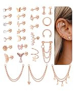 Besteel 27Pcs Flat Back Earrings Hypoallergenic Surgical Steel Stud Earring Stacks Set Dainty Chain Dangle Cartilage Tragus Daith Helix Piercing Jewelry for Women Men Trendy 16G, Stainless Steel