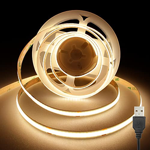 TTWAY USB COB LED Strips 2M, 5V LED Strip Lights with 320LEDs/M, CRI 90+, 8mm Width, LED Strips for TV Backlight, Mirror, Cabinet, Wardrobe, Stair, DIY Light, Home Decoration, Warm White, 3000K