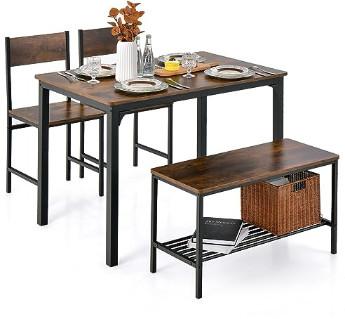 Giantex Dining Table Set for 4, Kitchen Table with Bench and Chairs, Industrial Gathering Bench Dining Set W/Metal Frame & Storage Rack, Dinette Set, Modern Functional Desk Set (Rustic Brown)