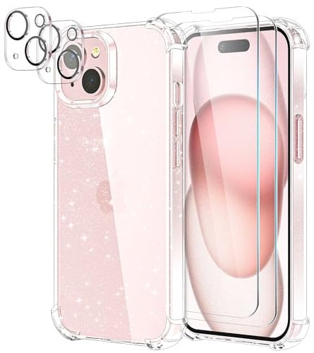 YIRSUR Glitter Case Compatible with iPhone 15 with 2 Pack Screen Protector and 2 Pack Camera Lens Protector, Glitter Air Cushion Soft TPU Bumper Anti-Scratch Shockproof Sparkly Cover for iPhone 15