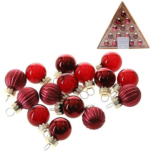 15 x Mini Baumkugeln aus Glas zum Hängen - Ø 2 cm - kleine Christbaumkugeln - Glaskugeln zum Hängen - Kugeln aus Glas - Mini Weihnachtskugeln aus Glas Farbe Burgund