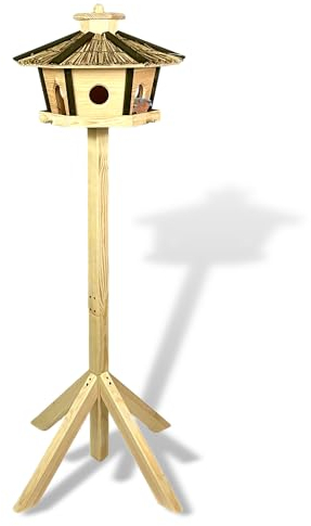 GARTENETAGE Vogelhaus Holz mit 2in1 Ständer & Reetdach/Vogelhaus mit Ständer wetterfest und stabil/sechseckiges Vogelfutterhaus mit Ständer/Robustes Vogelhäuschen für Balkon und Garten