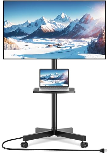 Rfiver Mobile TV Cart with Power Outlet, Rolling TV Stand for 23-60 Inch LCD LED OLED Flat Panel Curved Screen TVs up to 88 lbs, Height Adjustable Portable TV Stand with Wheels, Max VESA 400x400mm
