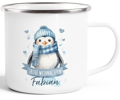 SpecialMe® Emaille Tasse Weihnachten Tier-Motive personalisiert mit Namen Namenstasse Geschenk für Jungen und Mädchen Emaille-weiss-silber standard