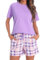 Ensemble Pyjama Femme Uniexcosm Coton Court Ete Carreaux Col Rond Manches Courtes Pyjama pour Femme Short avec Poches Latérales A-Viola XL