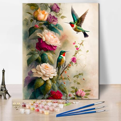 Peinture par numéros adultes colibri adultes peinture par numéros kits animaux et fleurs DIY huile peinture à la main avec pinceaux peinture artisanat 40x50cm (cadre)