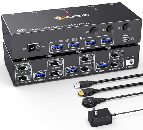KVM Switch 3 Computer 2 Monitore, KCEVE Displayport USB 3.0 KVM-Umschalter für zwei Monitore, unterstützt 4K@60 Hz für 3 DP-Computer, die sich 2 DP-Monitore, Tastatur und Maus teilen