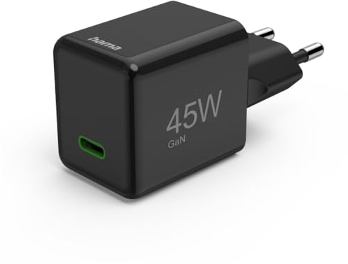 Hama Schnellladegerät (Ladegerät mit USB-C unterstützt Power Delivery und Qualcomm Quick Charge, 45 W, Super-Mini-Format 3,0 x 3,60 x 3,80 cm, GaN Charger, ideal für iPhone) schwarz