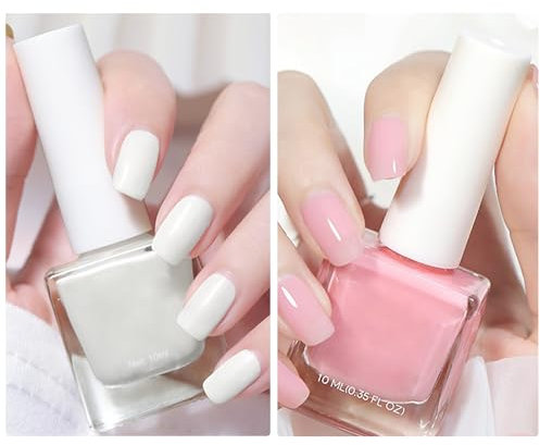 Nail Polish Set, Nude White & Pink Nail Varnish, Long Lasting Quick Dry French Manicure Kit, Highly Pigmented Water-Based Nail Varnish for DIY Nail Art Home, No Need Cure (2Pcs)
