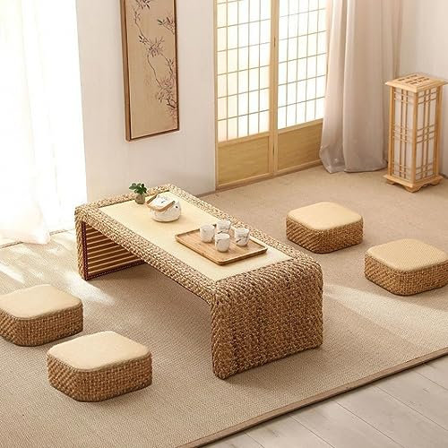 Japanischer Boden-Teetisch, Rattan-geflochtener Couchtisch, rechteckiger rustikaler Tatami-Tisch mit 4 Hockern, für Wohnzimmer, Zuhause, Balkon,A,120 * 50 * 38cm