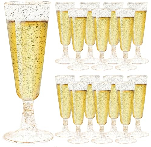 Atliberswo 20 Stück Sektgläser Plastik Gold Set, Sektgläser Kunststoff mit Goldglitter, 150ml Mehrweg Champagnergläser Plastik, Cocktailgläser für Partys, Hochzeiten, Geburtstage
