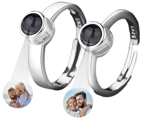 Svyqwmz Benutzerdefinierte Ring mit Bild innen Ich liebe dich in 100 Sprachen Paar Ring Foto Projektion Ringe Hochzeitsgeschenke für Frauen Männer