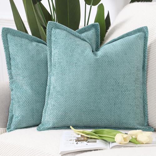 Madizz 2er Set Chenille Samt mit Rand Kissenbezüge Weiche Dekorativ Zierkissenbezüge Modern Kissenhülle für Sofa Wohnzimmer Schlafzimmer Türkis 60x60 cm