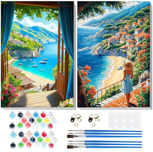 Lxmsja 2 Pièces Peinture Numero Adulte Enfant avec Cadre, Paysage Peinture par Numero Adulte, Numéro d'art avec Pinceaux, Loisirs Créatifs Adultes, Activité Manuelle Adulte, 20x30cm