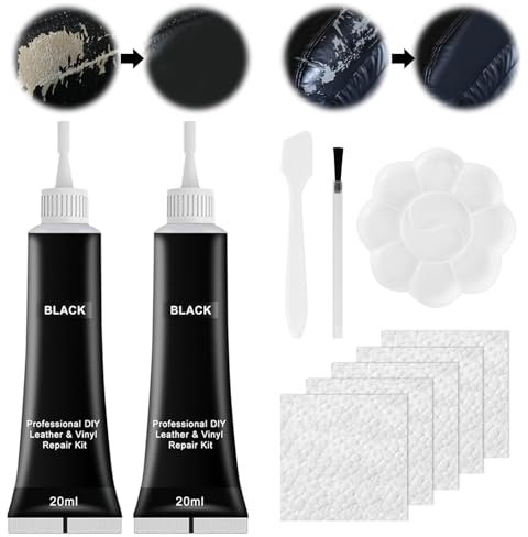 QEEROYO Leder Reparatur Set, Kunstleder Reparaturset, Lederreparatur Creme, 2×20ml Leder Kratzer Entferner, Reparatur Set für Autositze,Sofas, Lederjacke,Schuhe,Gürtel Kratzer,Löcher, Schwarz