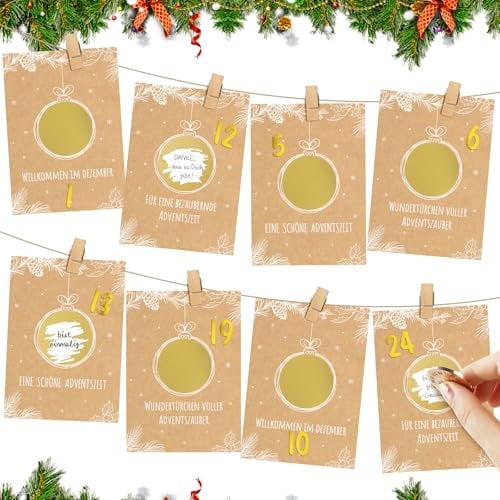 BOFUNX 24 Rubbellos Adventskalender Karten Weihnachtskalender Rubbellose Selber Machen mit goldenen Aufklebern Zahlenaufkleber Kordel und Holzklammern zum Aufhängen