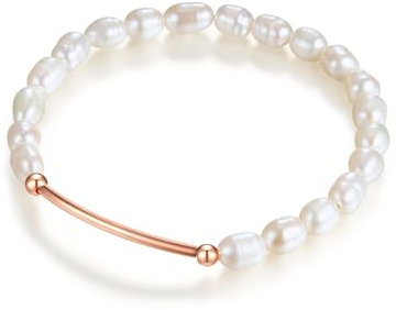 Lulu & Jane Damen Armband aus Messing mit barock Süßwasser-Zuchtperle ca. 5,5-6,5 mm Perlenarmband weiß roségold