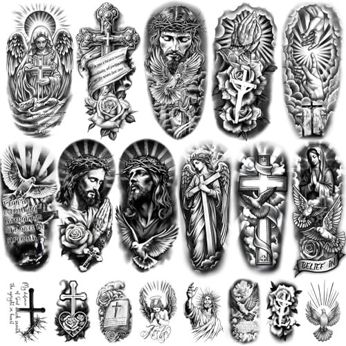 77 Feuilles Tatouages Temporaires Chrétiens pour Femme et Homme, 17 Feuilles Faux Tatouages Demi-Bras Croix Jésus Anges pour Adulte, 60 Feuilles Petits Tatouages Réalistes du Christ pour Enfant
