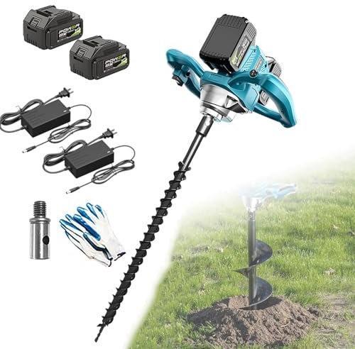 Ice Fishing Auger Electric,Brushless Cordless Earth Auger,Electric Post Hole Digger With Two batteries and two chargers,Forward & Reverse Direction,for Drilling & Post Hole Digging(100MM drill bit)