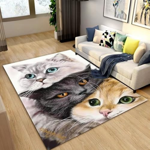 PEIHUODAN 3D Cartoon Lovely Katze Beige Grau Teppich für Wohnzimmer, Kinderzimmer-Dekoration, rutschfeste Bodenmatte für Kinder Teppich für Wohnzimmer, Schlafzimmer, Flur und Spielzimmer, 100x150 cm