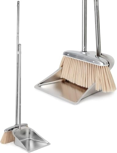 RUNEAP Broom and Dustpan Set for Home, Stainless Steel Broom and Dustpan Set with Long Handle, Heavy Duty Dustpan Set Standing Dust Pan Kitchen and Home Indoor Outdoor