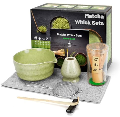 7PCS Matcha kit ceremonie japonais, Cuillère en bambou, pelle en bambou, Porte-Fouet, Coffret matcha pour la cérémonie du thé, la boisson (Matcha, BAMBOO)