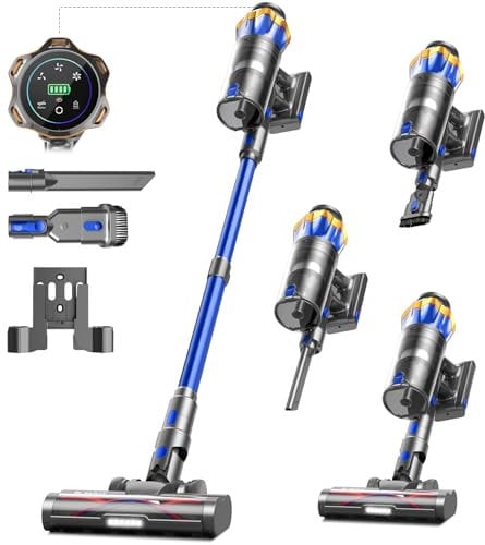 Akku Staubsauger 45000Pa/550W/65Min, 1,6L Staubsauger Kabellos mit Display, Anti-Tangle-Bürste, Selbststehend, Wandladestation, 8-Schicht-Filtration, Ultraleise, für Tierhaare/Teppiche/Hartböden/Auto