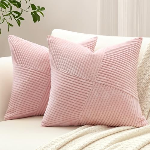 Sungeek 2er Set Cord Kissenbezüge, Windmühle Streifen Muster Kordsamt Kissenbezug Dekokissen Sofakissen Patchwork Design Deko Zierkissenbezüge Kissenhülle für Wohnzimmer (40x40cm, Rosa)