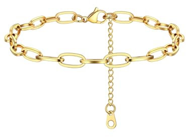 PROSTEEL Chaîne Cheville Femme Plaqué Or 14K, Bracelet de Cheville Ajustable à Maille Trombone de 6mm, Longueur de 22+5cm