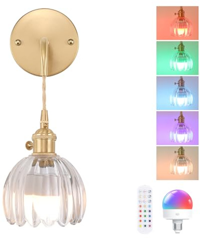 Shenmoyl Battery Operated Wall Light, Rechargeable Wall Lamp Indoor with Adjustable Cord, Vintage Wall Sconce Decor for Bedside Living Room Bedroom Bathroom, Tulip Clear