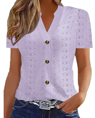 Womens Summer Tops Babydoll Short Sleeve Shirts Button V Neck T Shirts Hollow Out Eyelet Tunic Blouses Dressy Casual Blouses Trendy Loose Fit Tees Shirt Going Out Tops