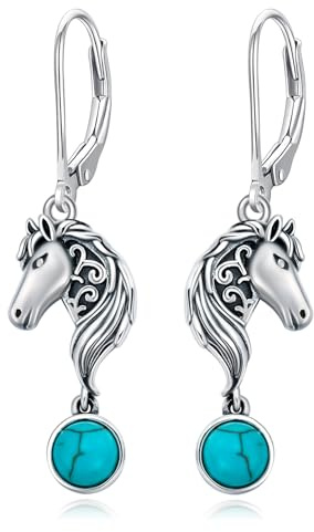 Vintage Pferde Ohrringe 925er Sterling Silber 5mm Echter Türkis mit Pferde Retro Hebelohrringe Geschenke für Western Frauen