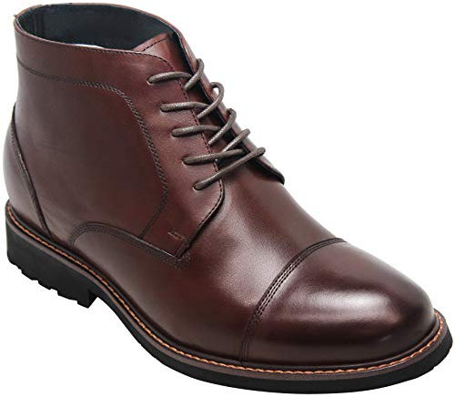 CALTO Scarpe da uomo invisibili, altezza crescente, stivali alti alla caviglia in pelle di alta qualità, con lacci, 8,1 cm, Marrone, 42.5 EU