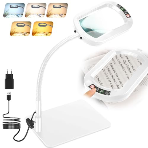 Drdefi 12X Rectangulaire Lampe Loupe sur Pied, LED Lampe de Bureau Loupe Eclairante, 5 Modes de Couleur, Intensité Variable en Continu, Loupe Flexible à Col de Cygne pour Lecture Réparation Blanc