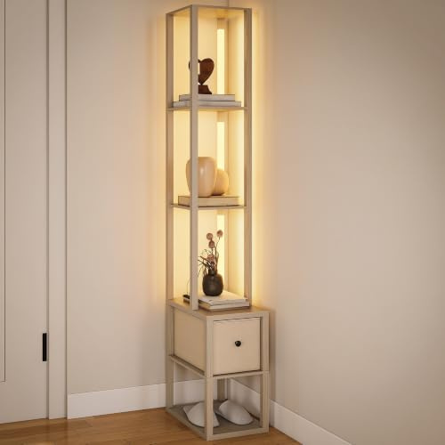 HOMCOM Floor Lamp with Shelves LED Standing Lamp Fabric Drawer Oak | Column Modern Design, Adjustable Brightness, Foot Switch, for Living Room Bedroom Office