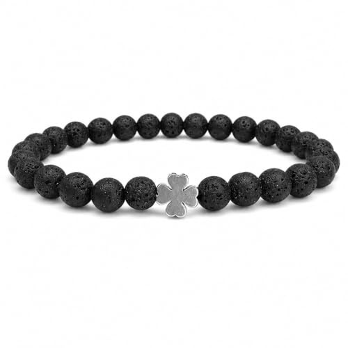 Vera Mentis Bracelet Homme en Pierre de Lave avec Trèfle Porte-Bonheur – Pierres Naturelles 8MM – Force, Stabilité & Chance – Bijou Énergétique Authentique – Cadeau Masculin Élégant & Symbolique