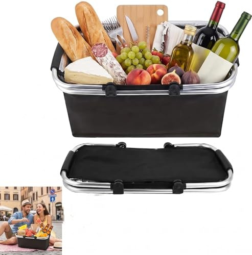 Einkaufskorb,Einkaufskorb Faltbar,Thermo Als Picknickkorb, Kühlbox Tragbare Mit Gepolsterten Griffen,Tragekorb, Für Reisen, Picknick, Einkaufen,18 Liter,1 Stück(Schwarz)