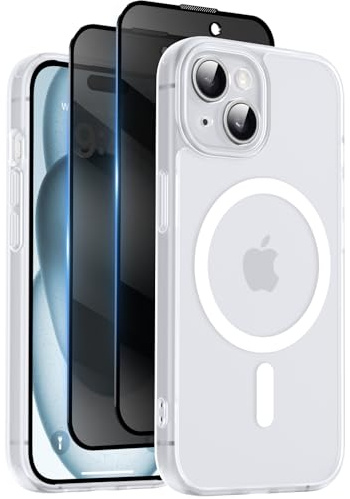 Qasyfanc for iPhone 15 Case, Privacy Screen Protectors X2, White | Compatible with MagSafe, Camera Protection, 15FT Military Drop Protection, Translucent Matte Shockproof Phone Cover