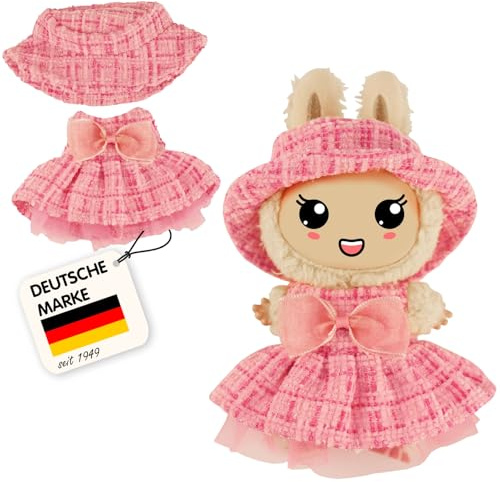 Heless Monster Styles 7514 - Bouclé Puppen-Kleid mit Fischerhut in Pink, mit Karo-Muster und Schleife, Kawaii Set für Monster der Größe 15 cm